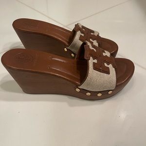 Tory Burch wood sole and canvas/leather strap wedge